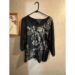 Karen Scott Woman Black Floral Embellished 3/4 Sleeve Top Plus Size 1X